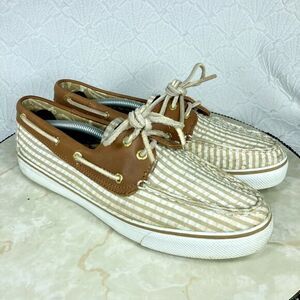 Sperry Loafers Womens 9 Tan White Stripes Classic‎ Seersucker Bahama Boat Shoes